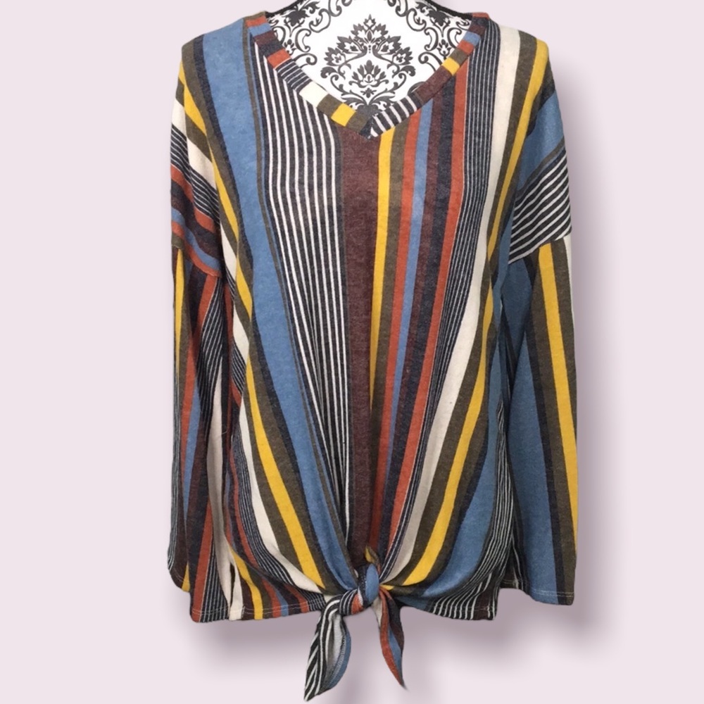 LAST ONE V Neck Striped Bell Sleeve Top - Picture 7 of 14